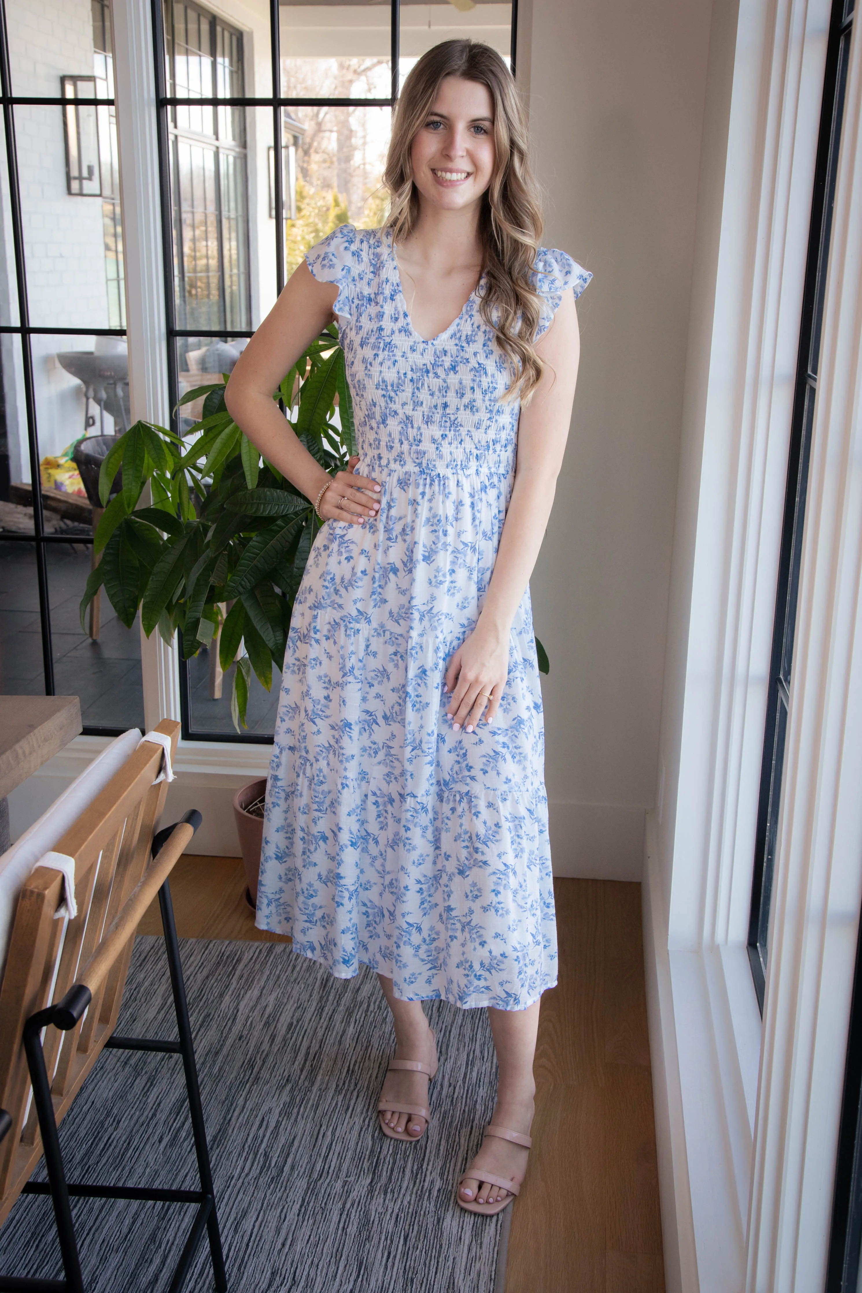 Astrid Floral V-Neck Smocked Dress, Blue Multi sold by North & Main Clothing Company