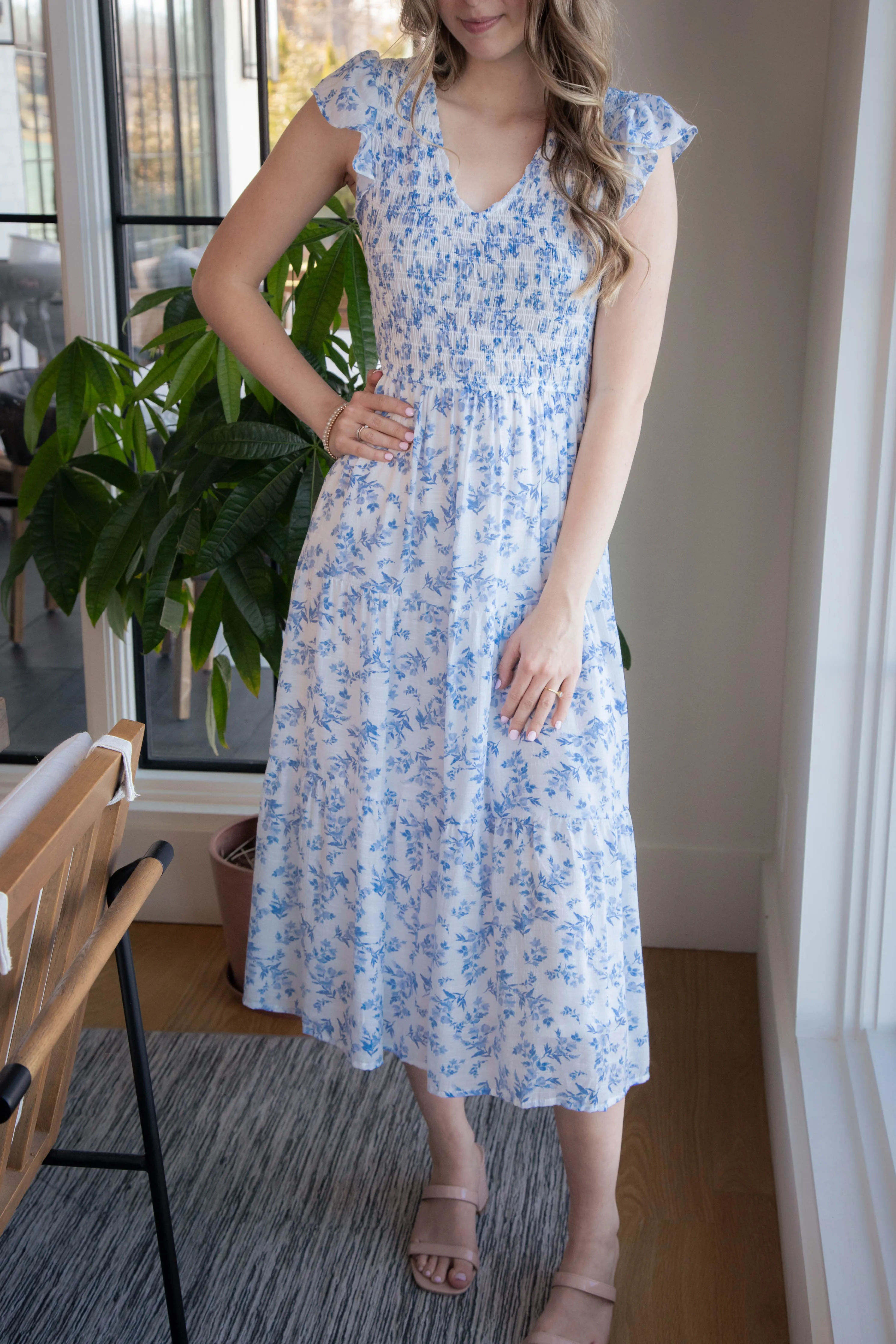 Astrid Floral V-Neck Smocked Dress, Blue Multi sold by North & Main Clothing Company product image thumbnail 3