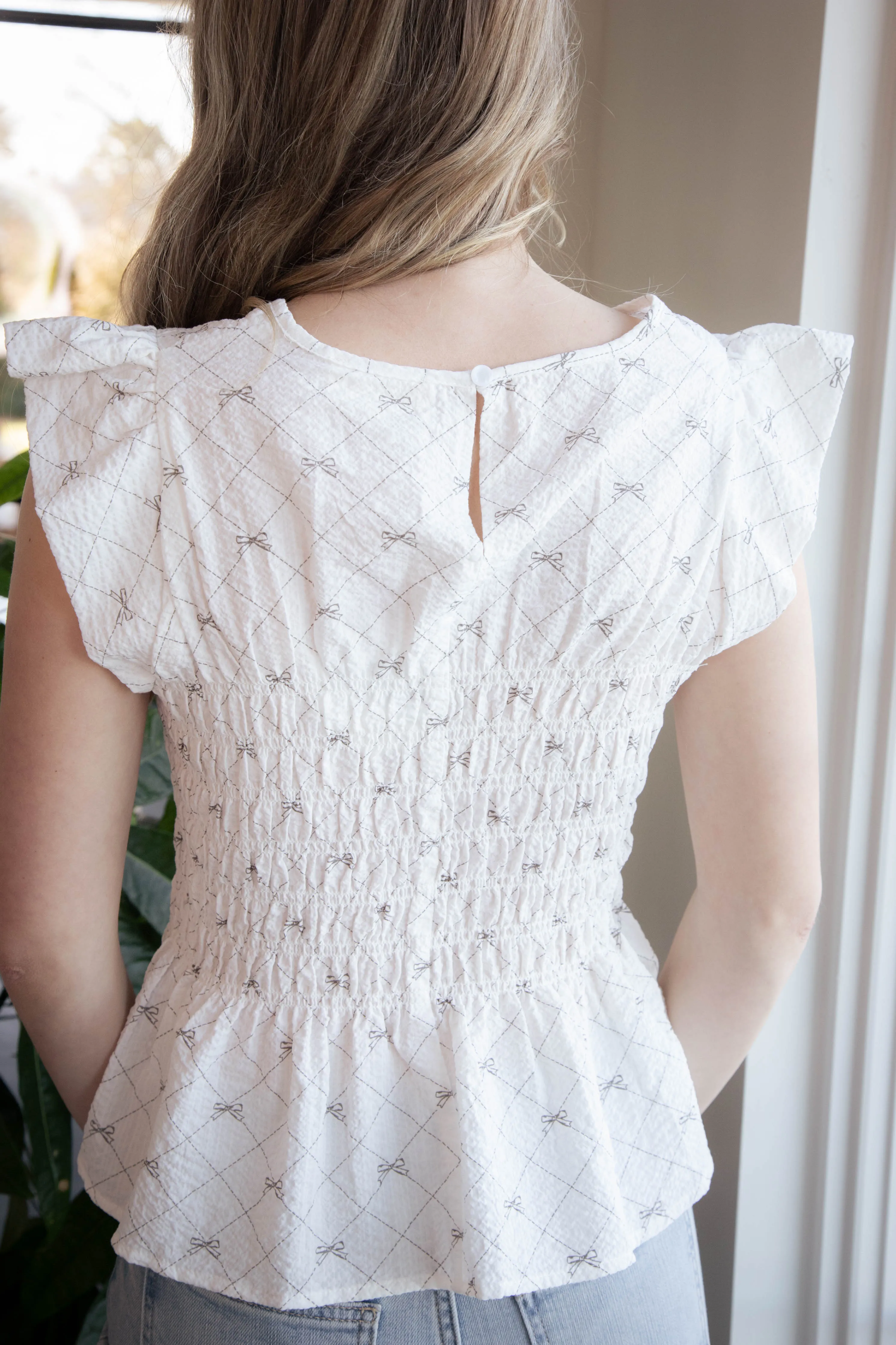 Dixie Ribbon Print Peplum Top, Off White sold by North & Main Clothing Company product image thumbnail 5