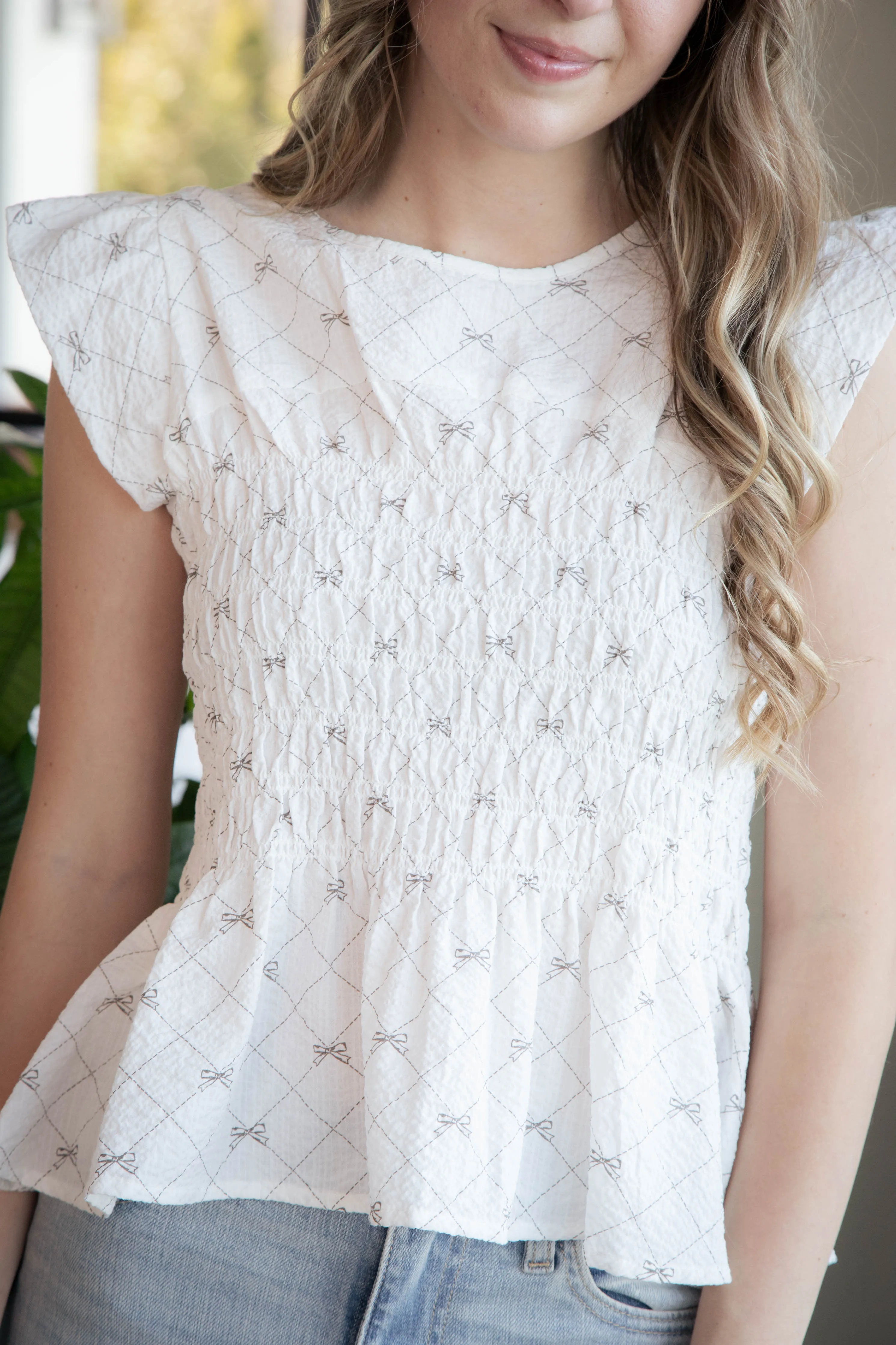 Dixie Ribbon Print Peplum Top, Off White sold by North & Main Clothing Company product image thumbnail 2