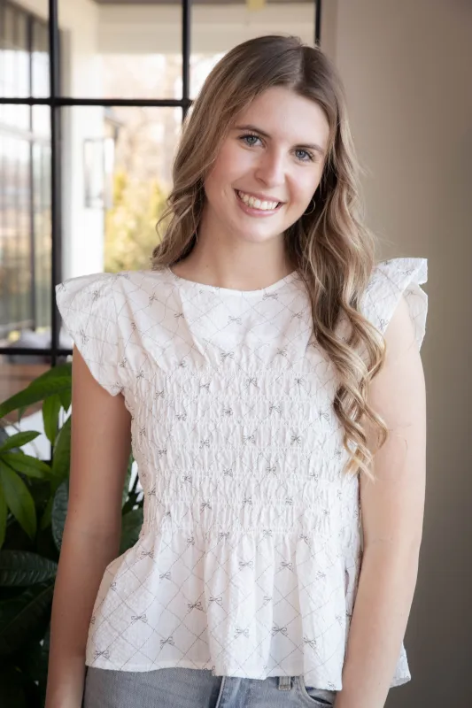 Dixie Ribbon Print Peplum Top, Off White sold by North & Main Clothing Company