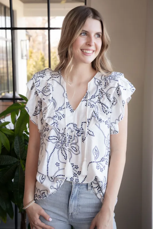 Milena Floral Print Tie Front Top, Cream sold by North & Main Clothing Company