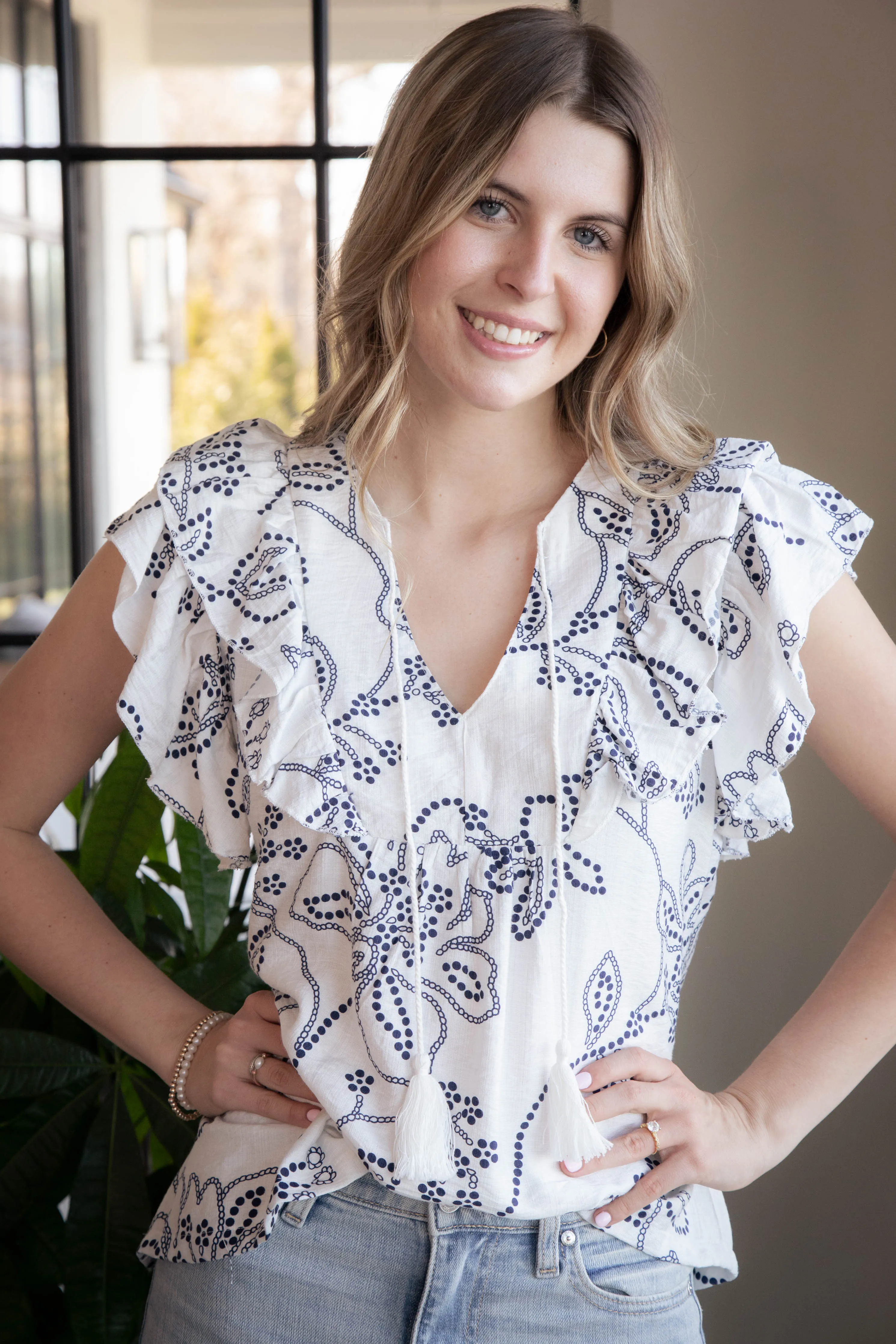 Milena Floral Print Tie Front Top, Cream sold by North & Main Clothing Company product image thumbnail 5