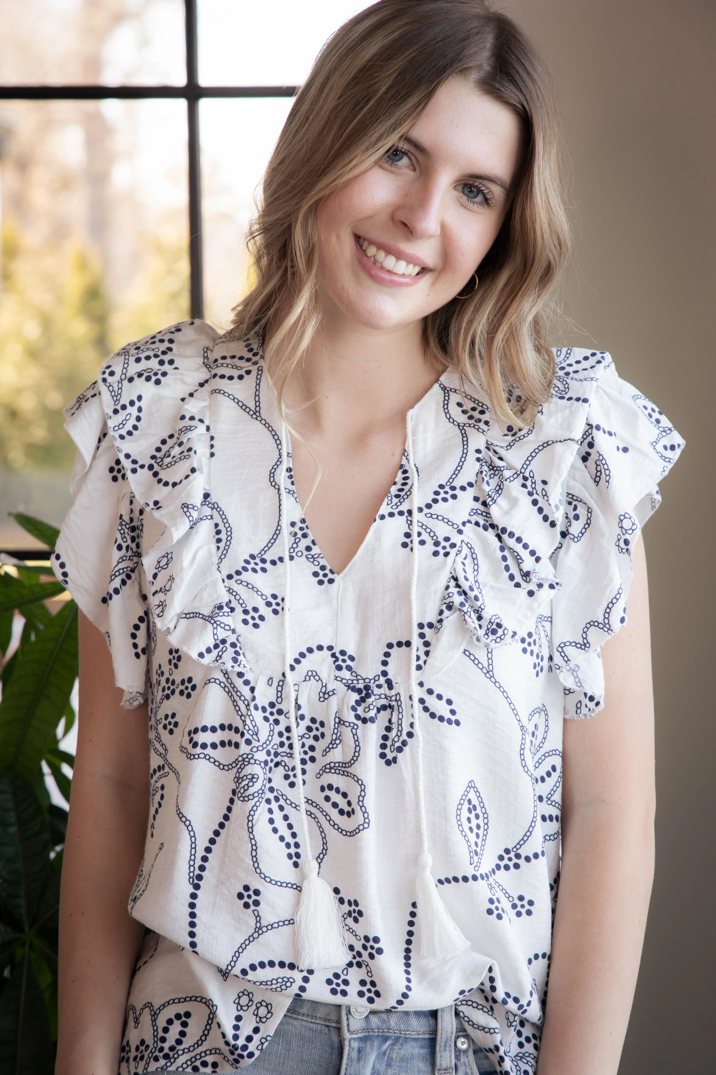 Milena Floral Print Tie Front Top, Cream sold by North & Main Clothing Company product image thumbnail 3