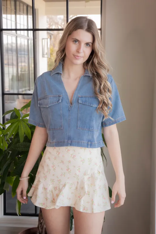 Oriana Cropped Collared Top, Denim sold by North & Main Clothing Company
