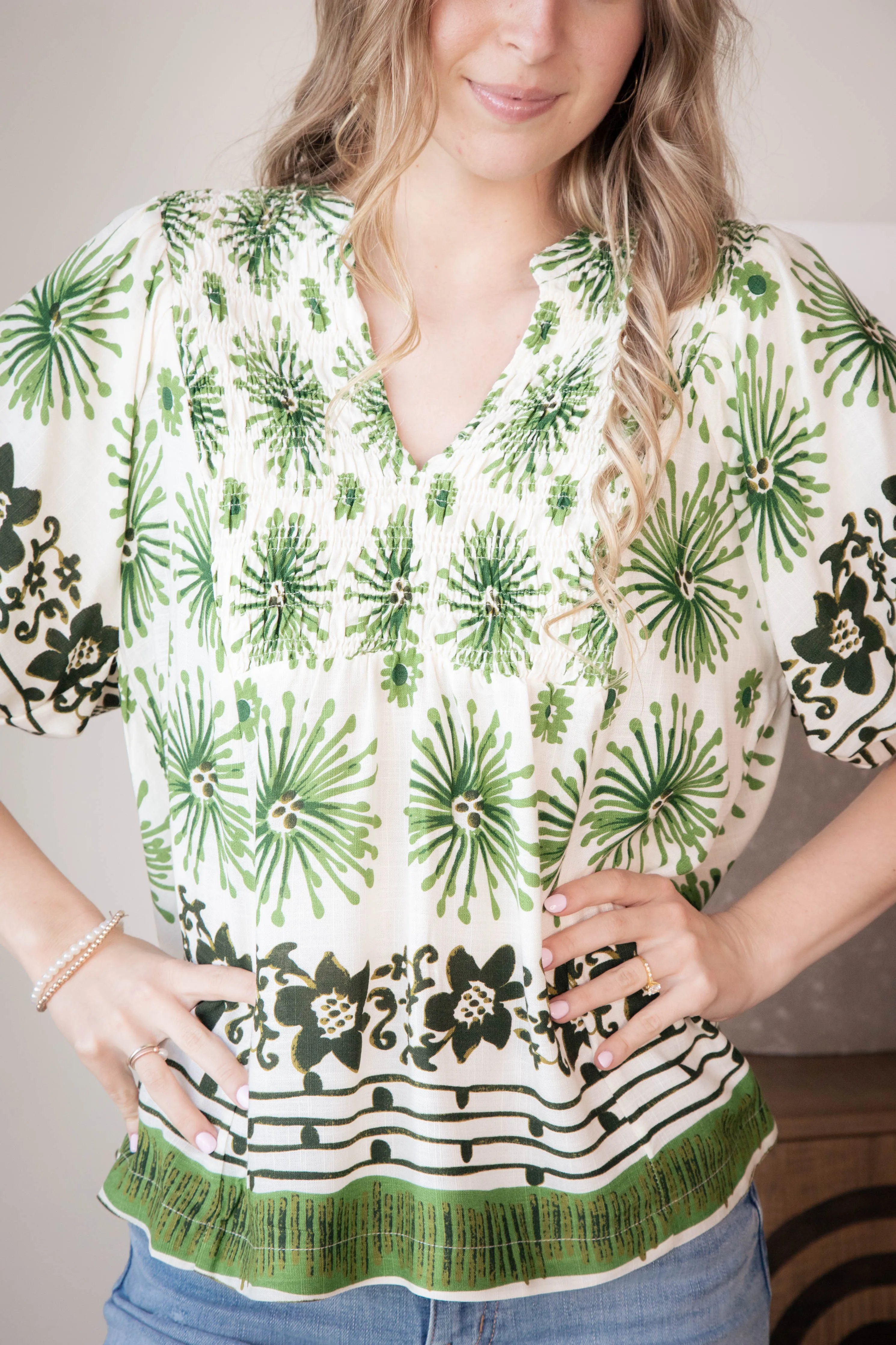 Deja Mixed Border Printed Top, Green sold by North & Main Clothing Company product image thumbnail 3