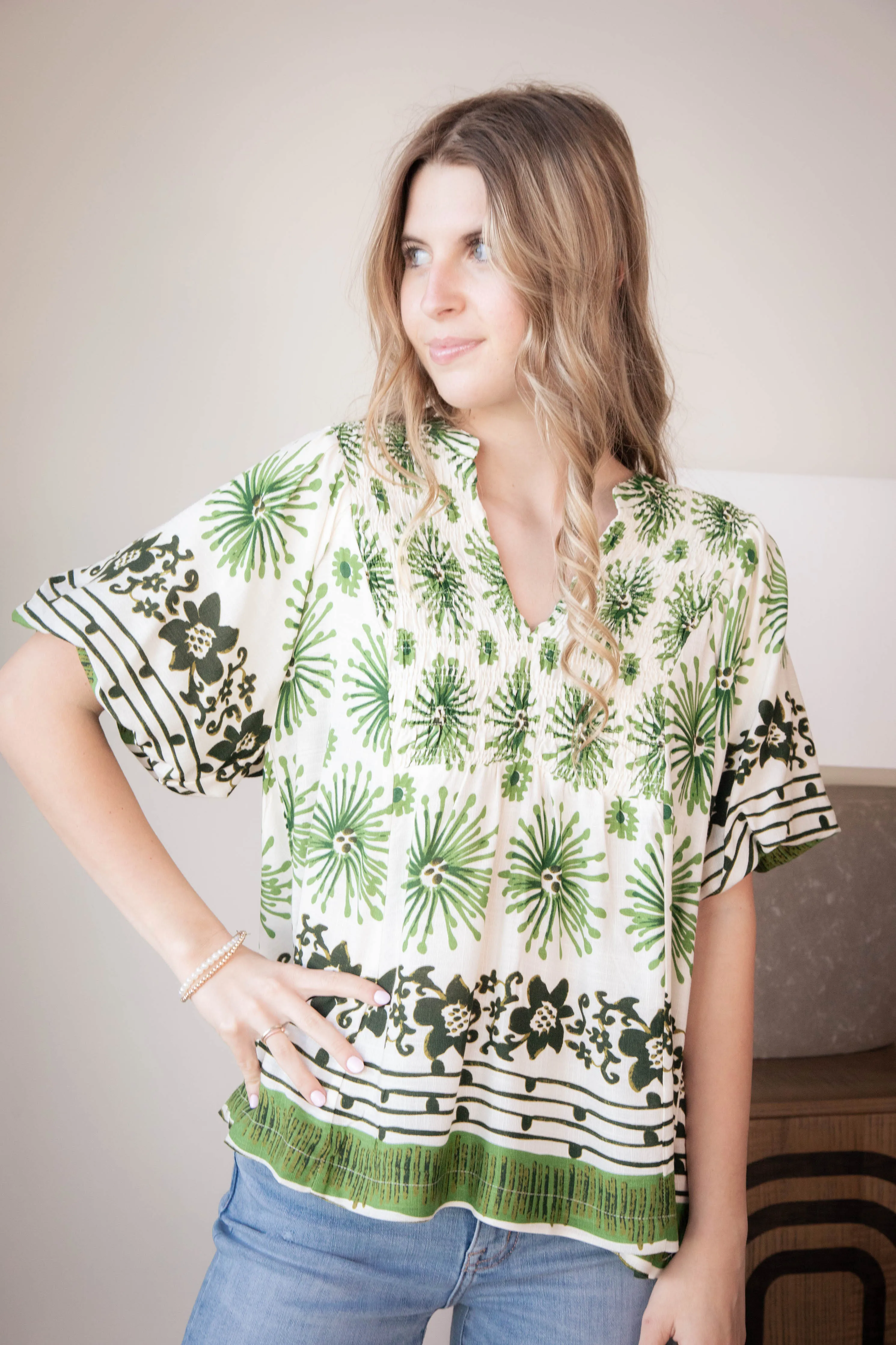 Deja Mixed Border Printed Top, Green sold by North & Main Clothing Company