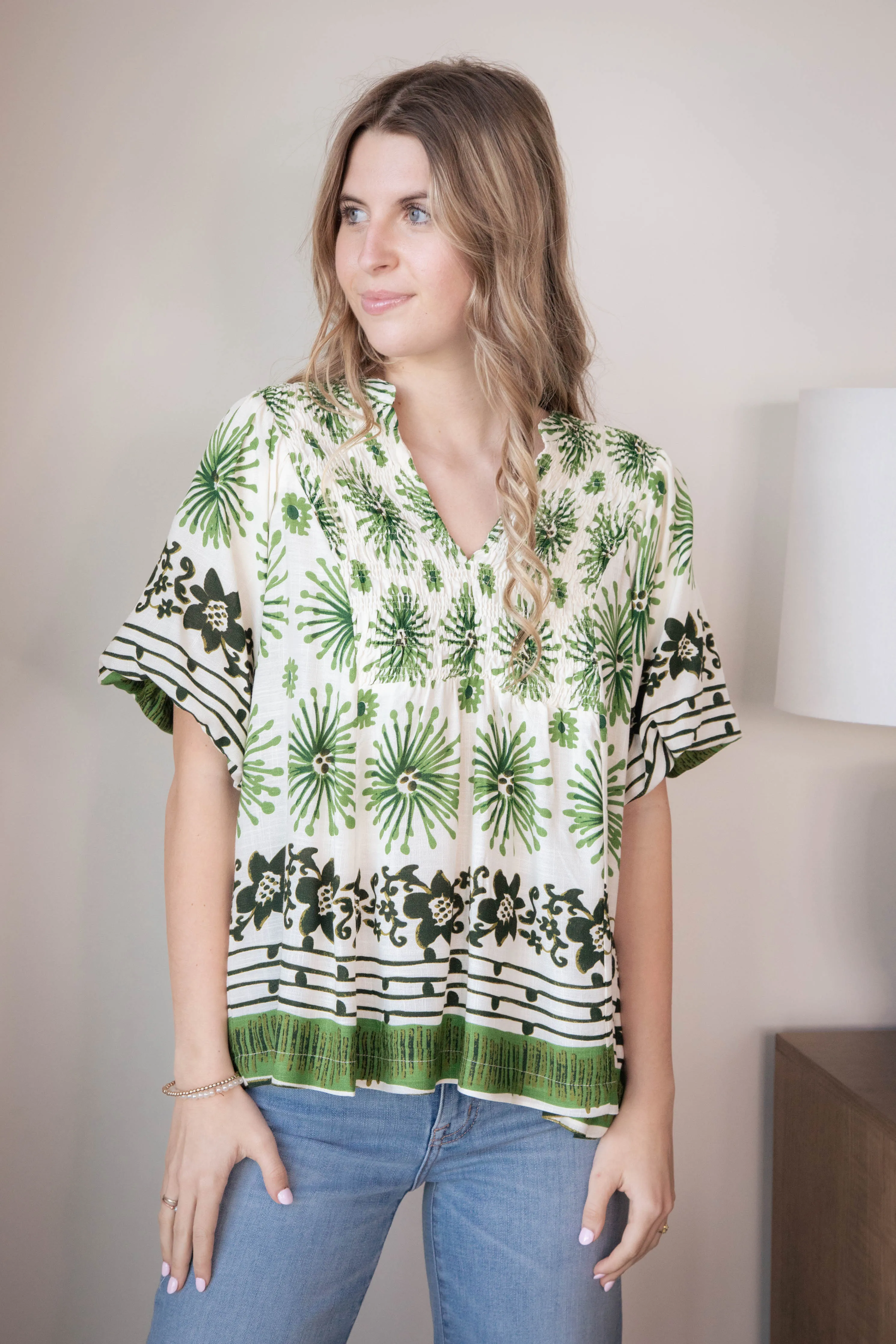 Deja Mixed Border Printed Top, Green sold by North & Main Clothing Company product image thumbnail 5