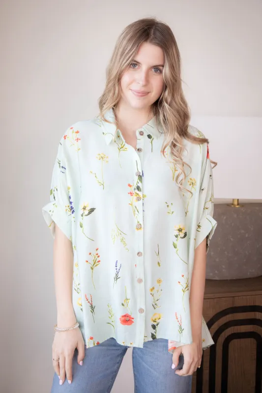 Enya Floral Button Down Top, Mint Mix sold by North & Main Clothing Company