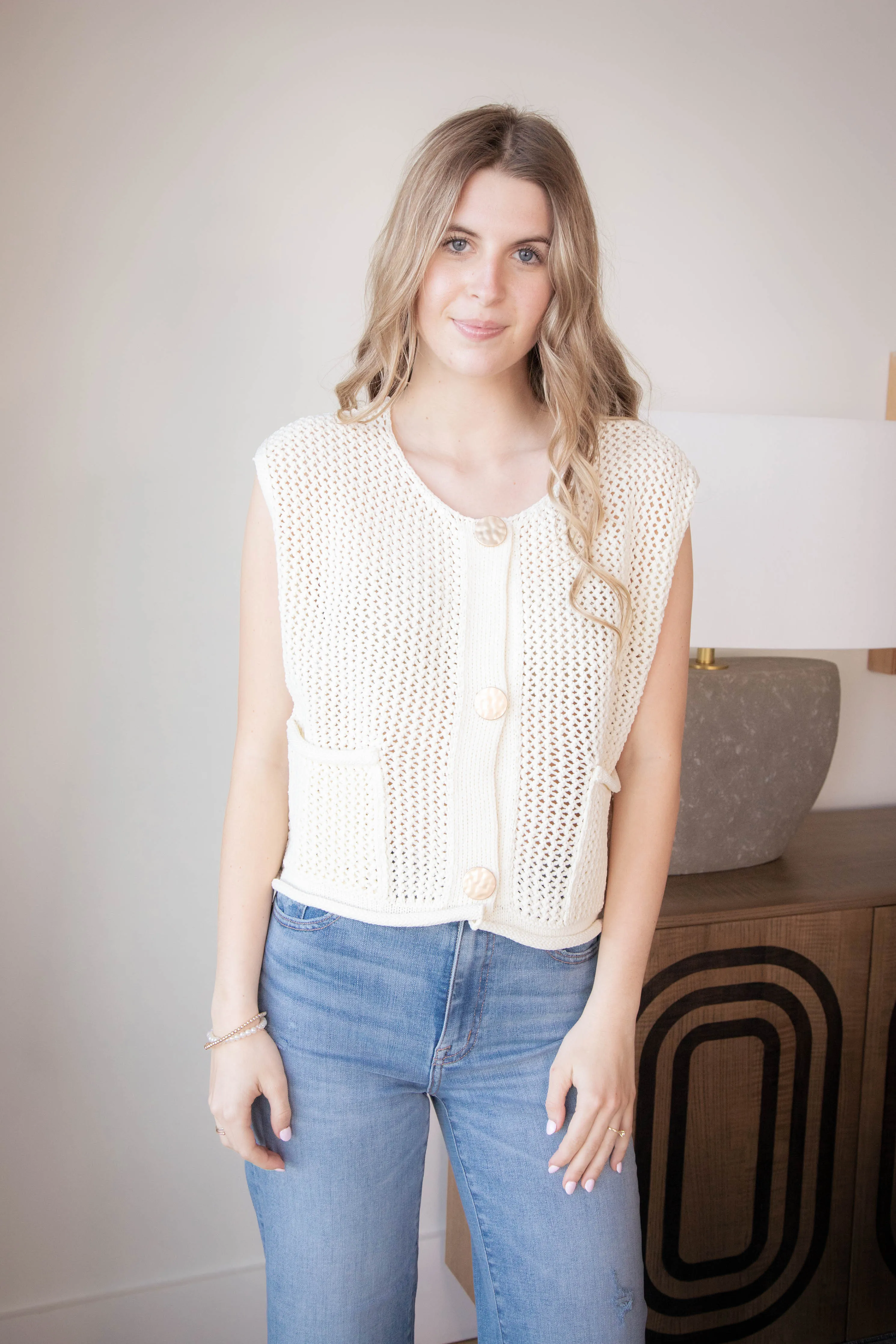 Tova Three Button Sweater Vest, Ecru sold by North & Main Clothing Company product image thumbnail 4