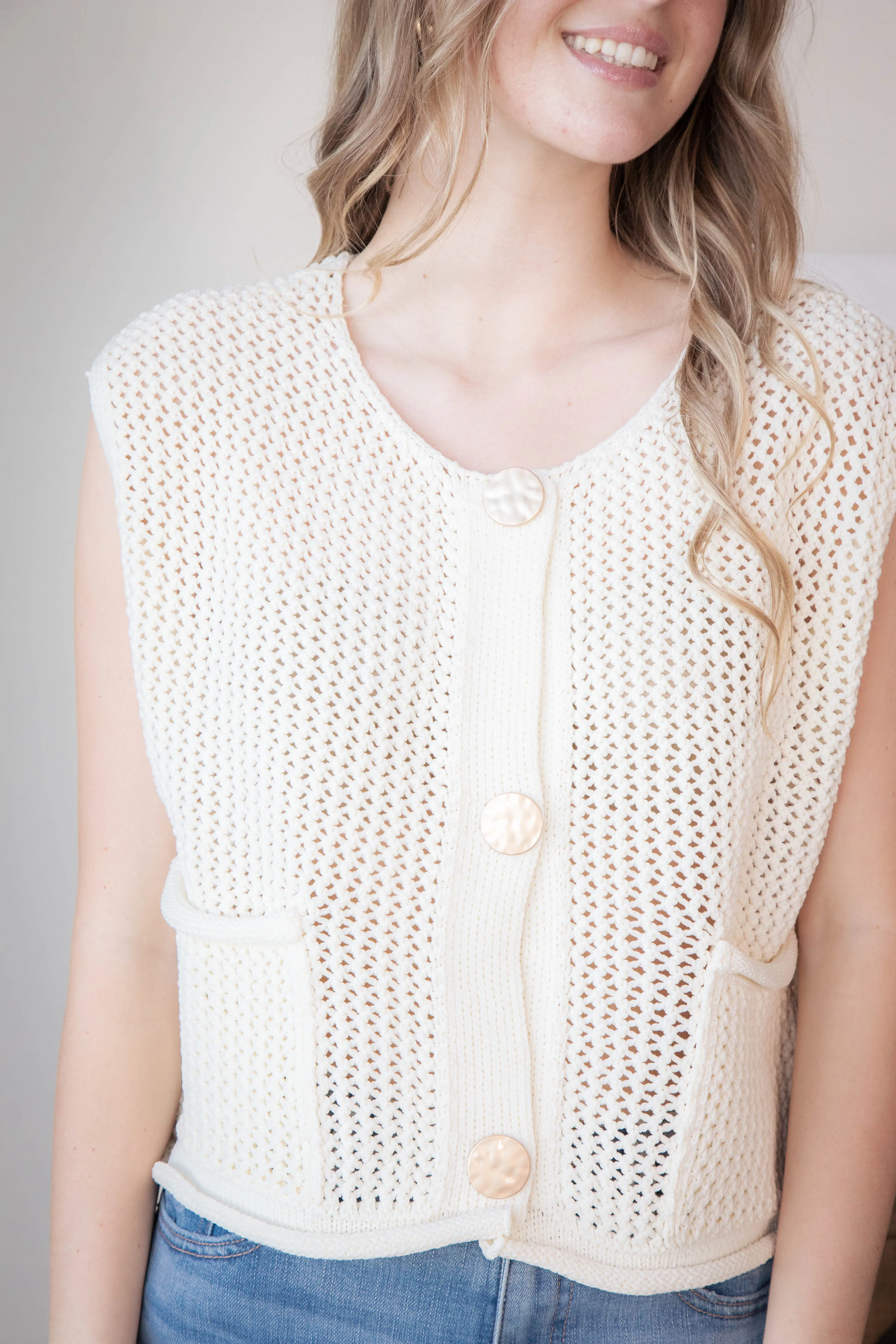 Tova Three Button Sweater Vest, Ecru sold by North & Main Clothing Company product image thumbnail 3