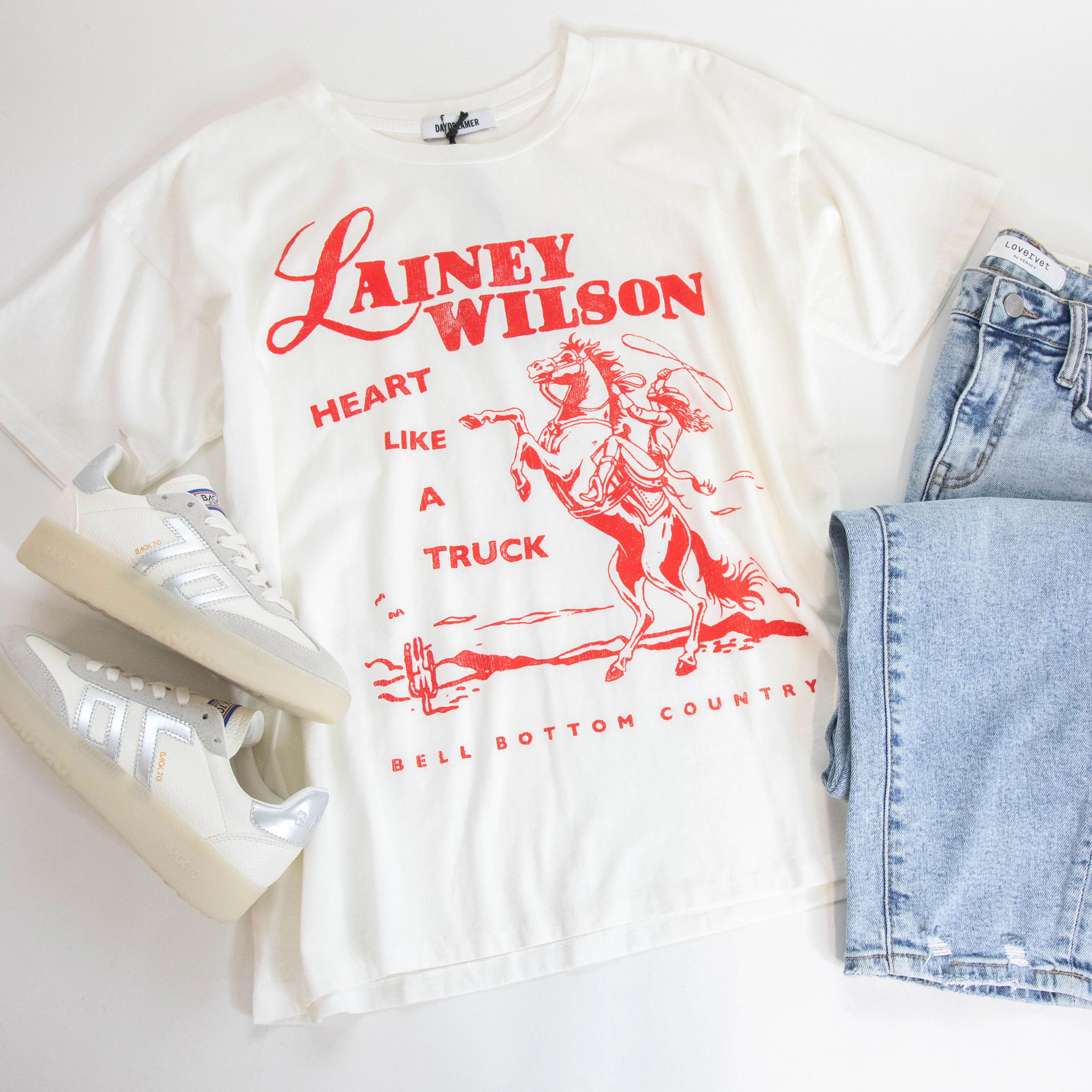 Lainey Wilson Bell Bottom Country Merch Tee, Vintage White | Daydreamer sold by North & Main Clothing Company product image thumbnail 3
