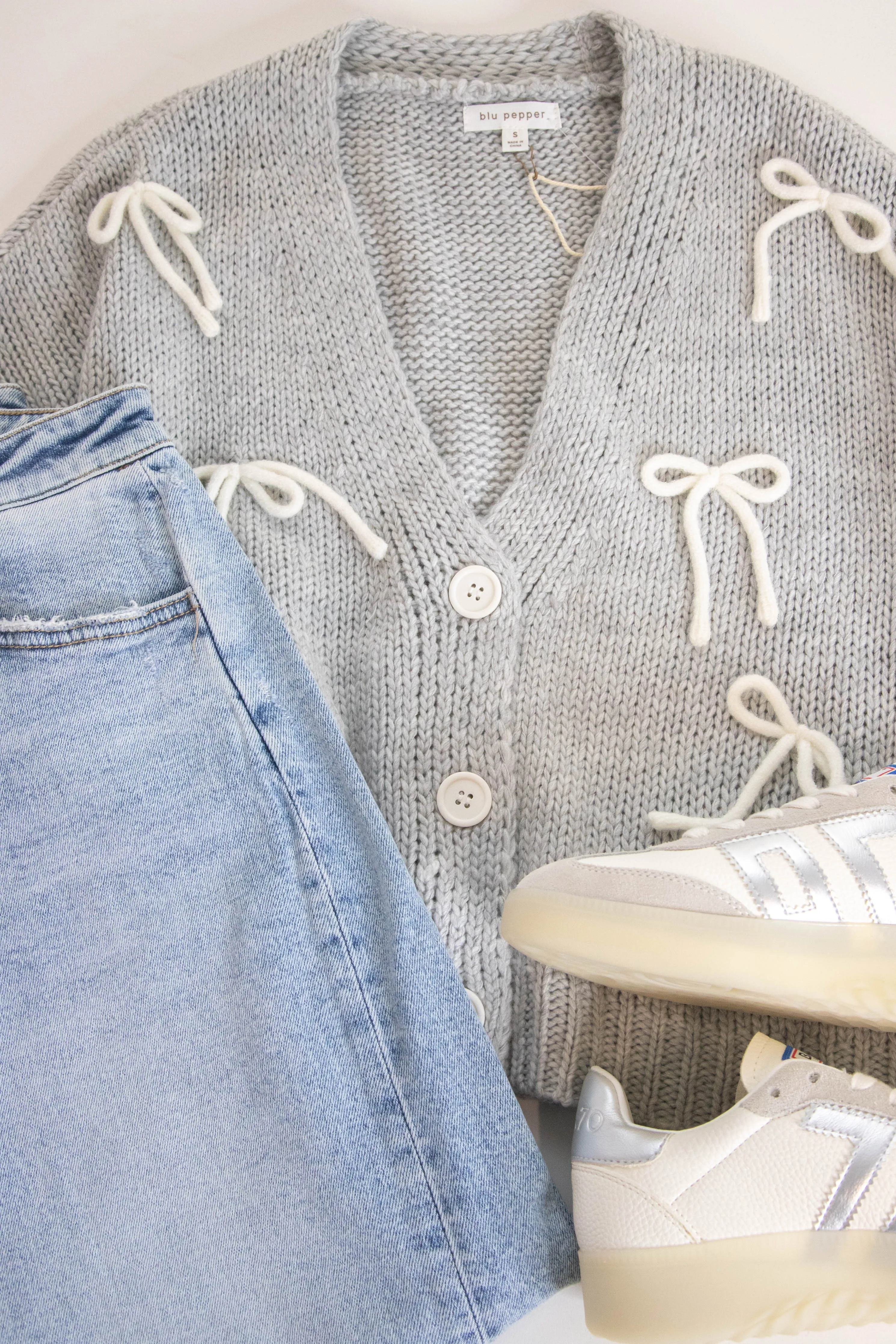 Grace Bow Detail Cardigan, Heather Grey sold by North & Main Clothing Company