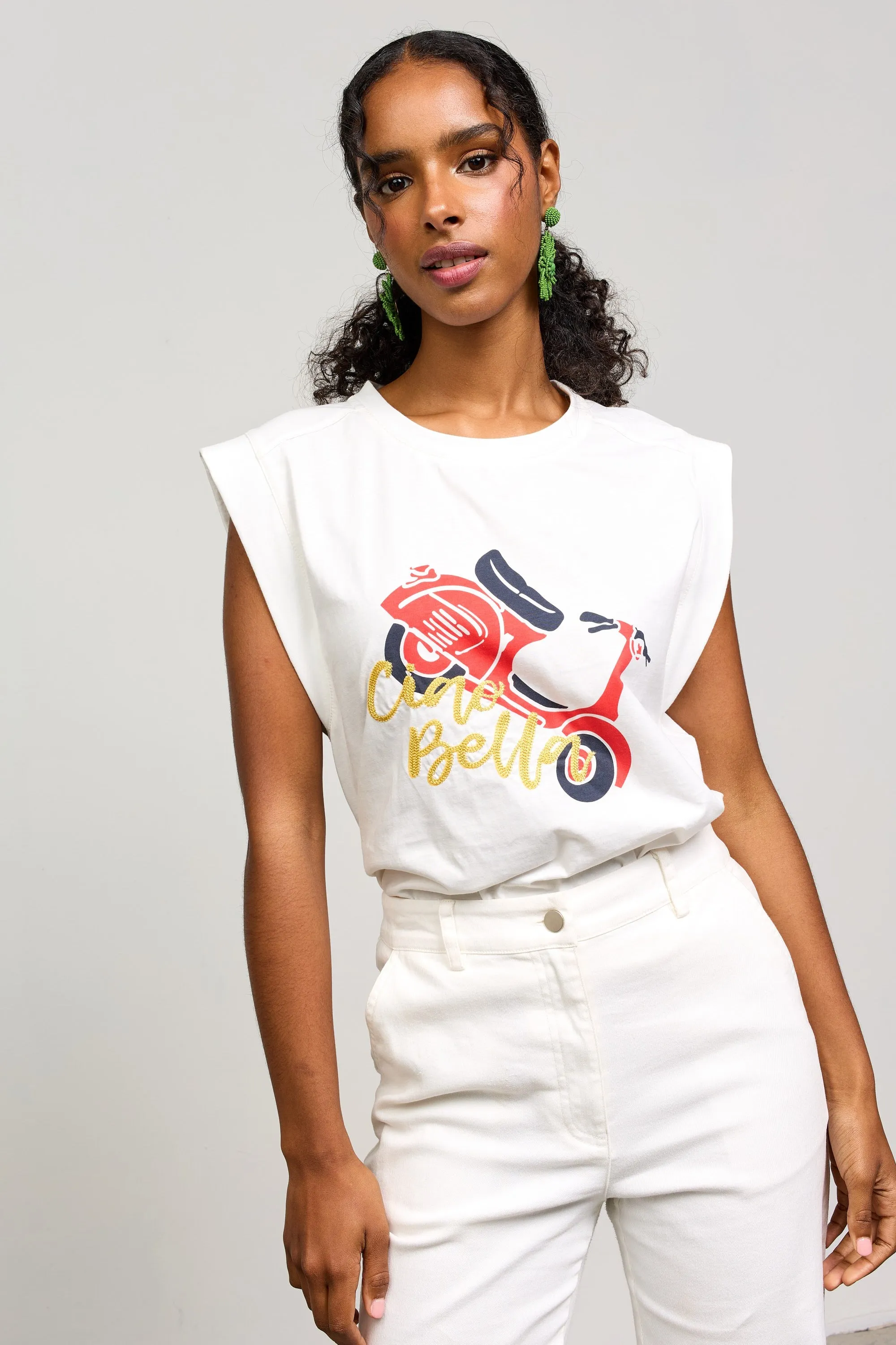Ciao Bella Sleeveless Graphic Tee, Off White-Red sold by North & Main Clothing Company