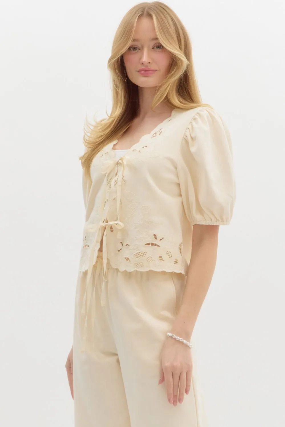 Simone Jersey Embroidered Tie Front Top, Ecru sold by North & Main Clothing Company product image thumbnail 4