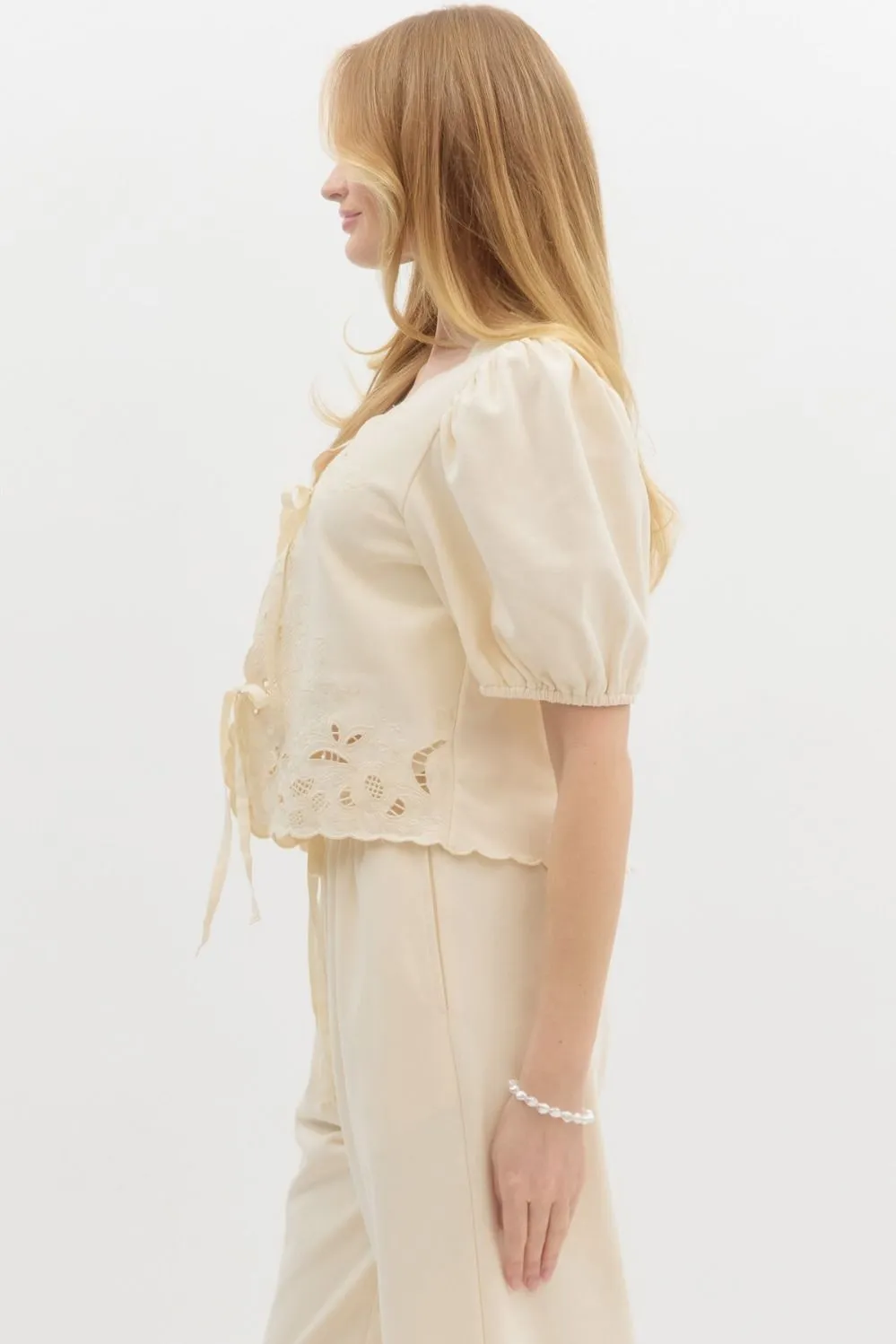 Simone Jersey Embroidered Tie Front Top, Ecru sold by North & Main Clothing Company product image thumbnail 5