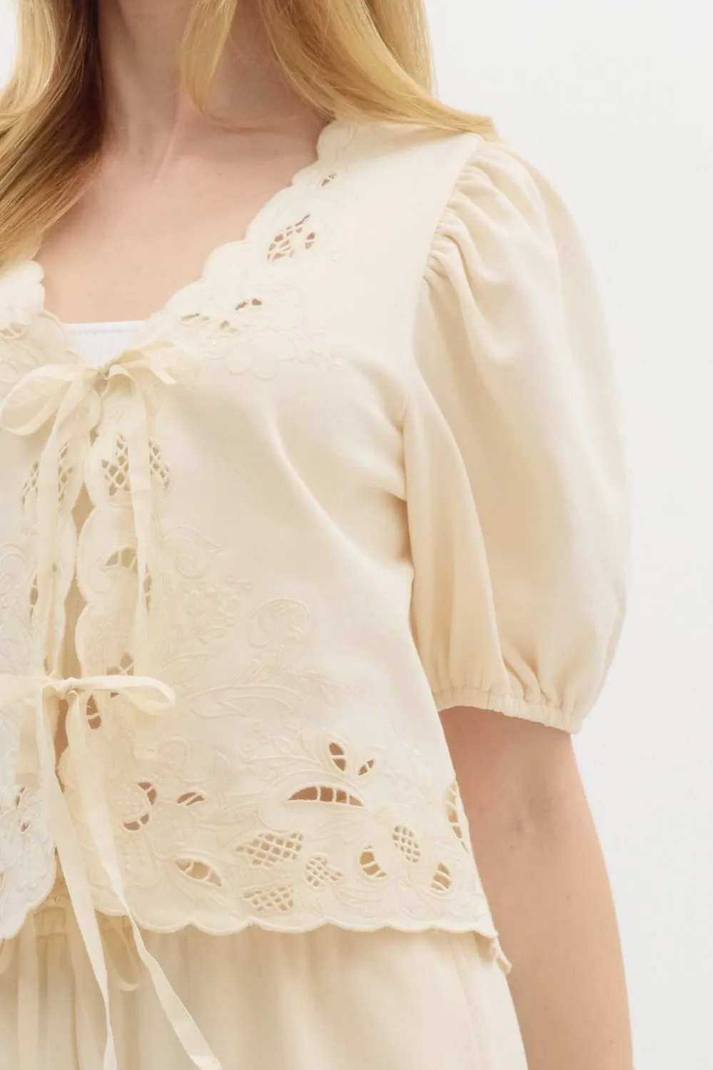 Simone Jersey Embroidered Tie Front Top, Ecru sold by North & Main Clothing Company product image thumbnail 3