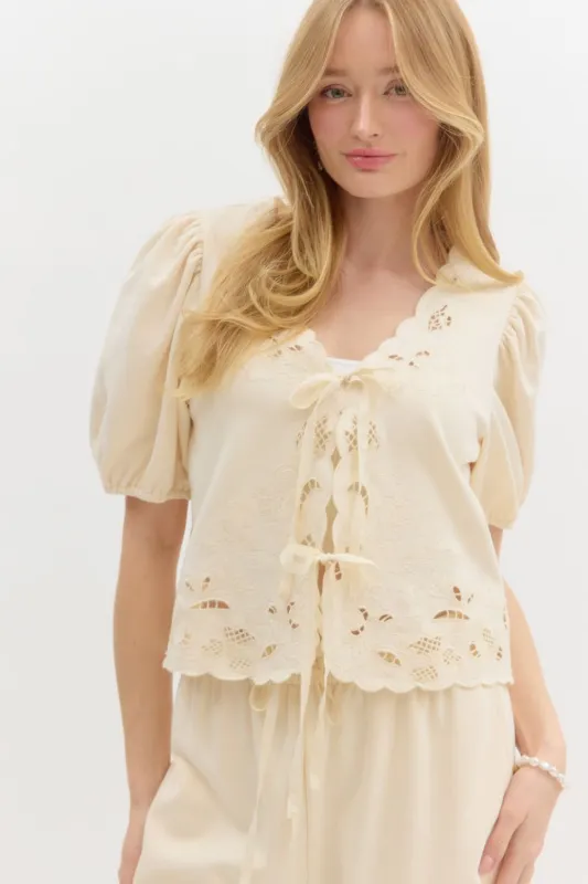 Simone Jersey Embroidered Tie Front Top, Ecru sold by North & Main Clothing Company