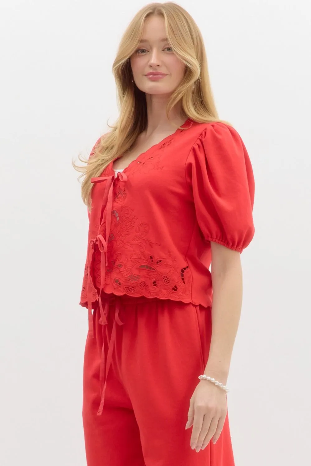 Simone Jersey Embroidered Tie Front Top, Red sold by North & Main Clothing Company product image thumbnail 3