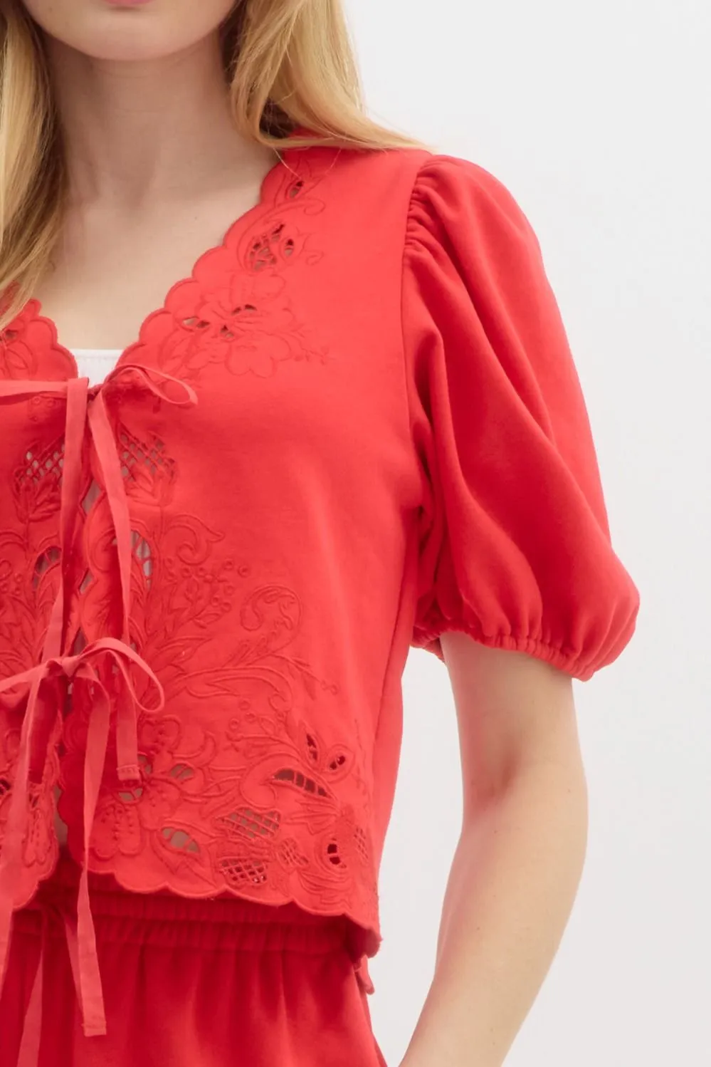 Simone Jersey Embroidered Tie Front Top, Red sold by North & Main Clothing Company product image thumbnail 4