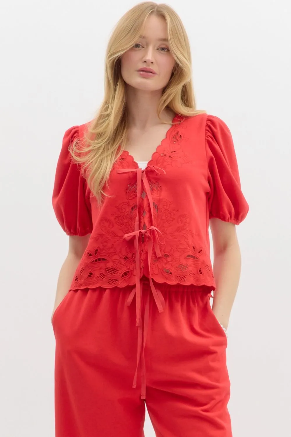 Simone Jersey Embroidered Tie Front Top, Red sold by North & Main Clothing Company