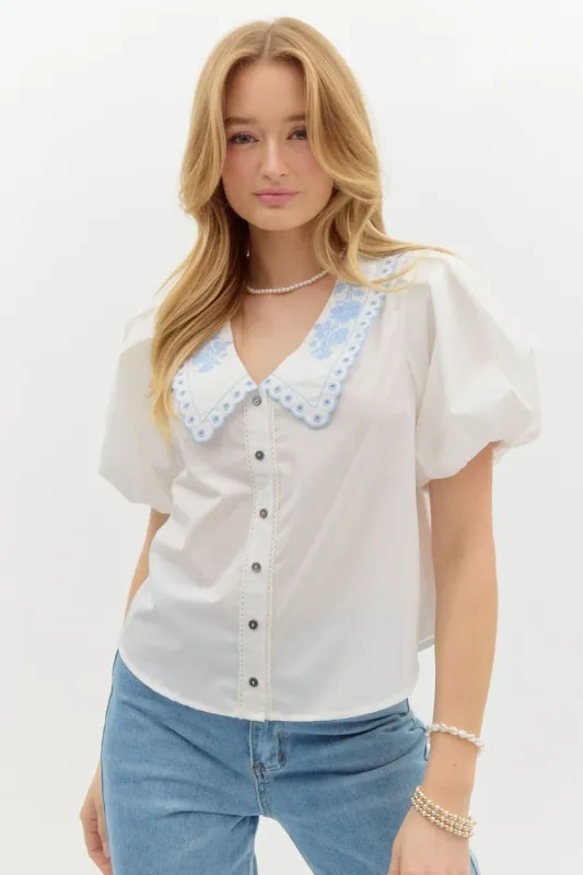 Merritt Embroidered Blouse, White sold by North & Main Clothing Company