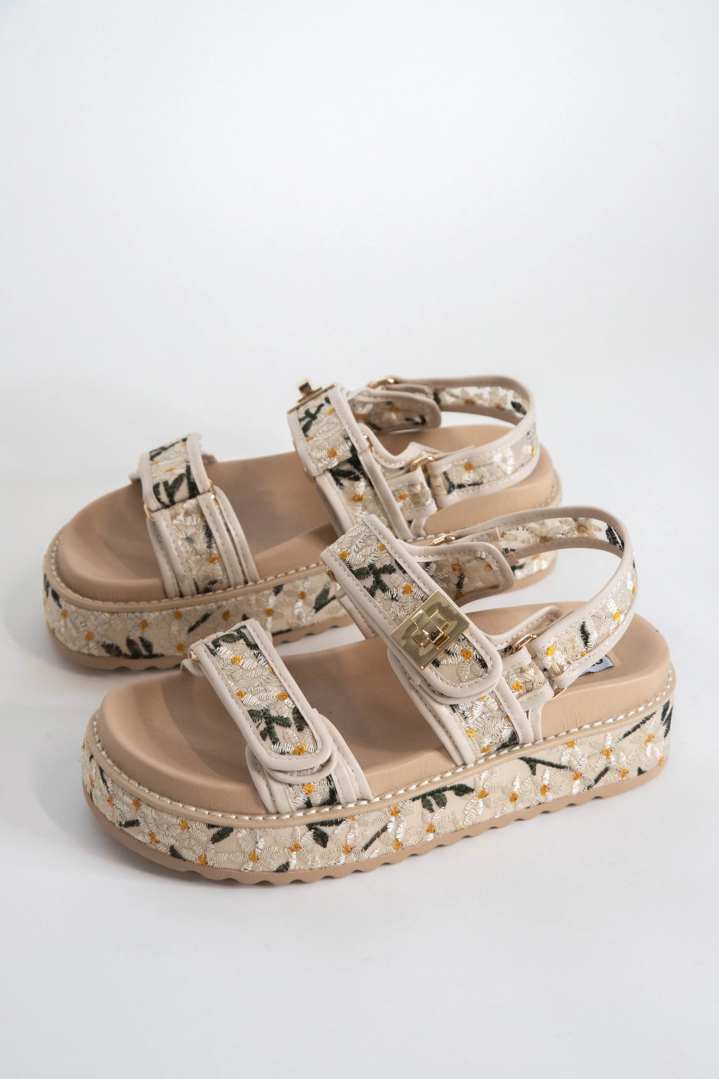 Big Mona Embroidered Platform Sandal, Natural Floral | Steve Madden sold by North & Main Clothing Company