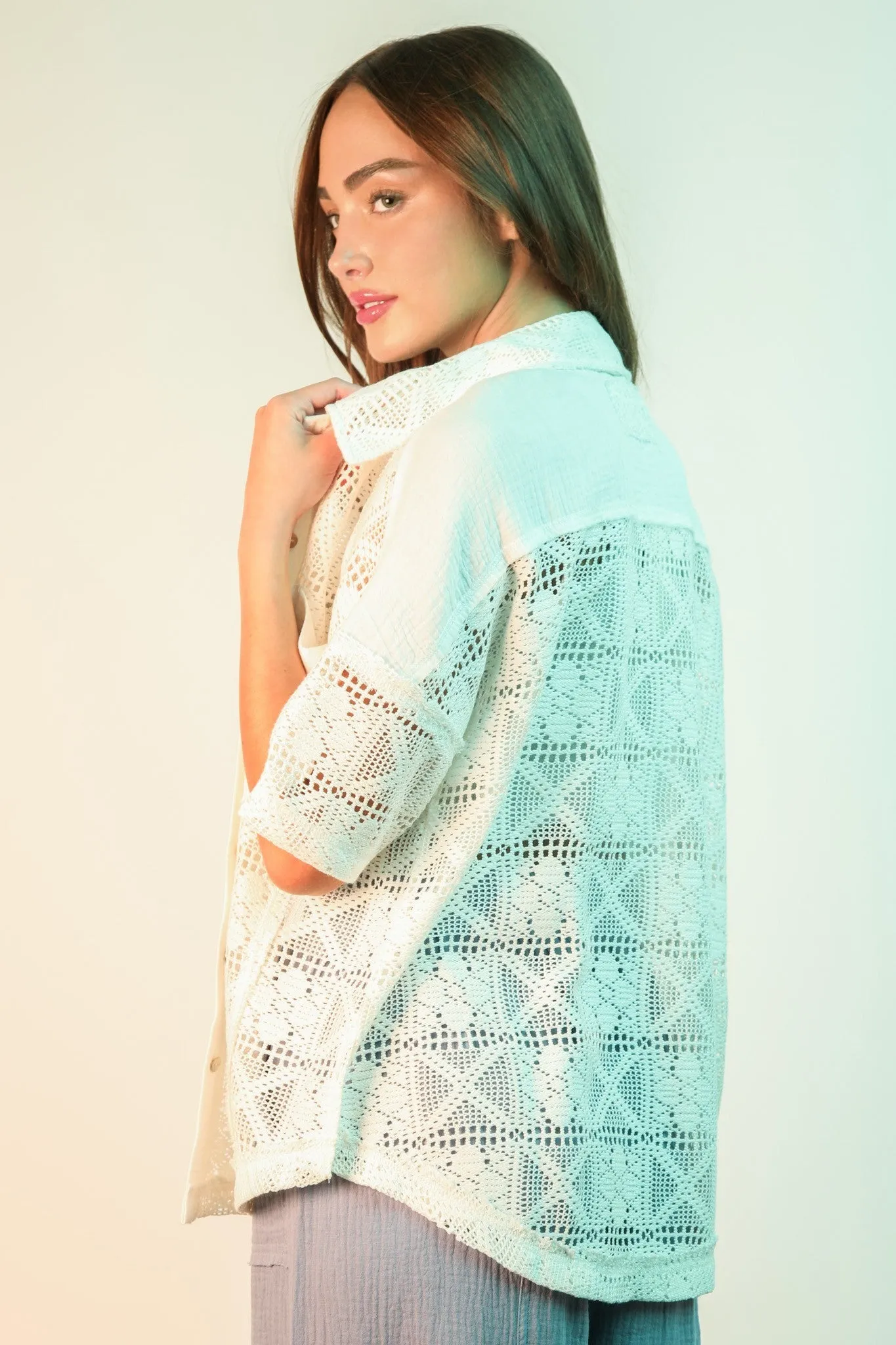 Claire Oversized Crochet Shirt Top, White sold by North & Main Clothing Company product image thumbnail 4