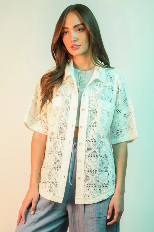 Claire Oversized Crochet Shirt Top, White made by Very J