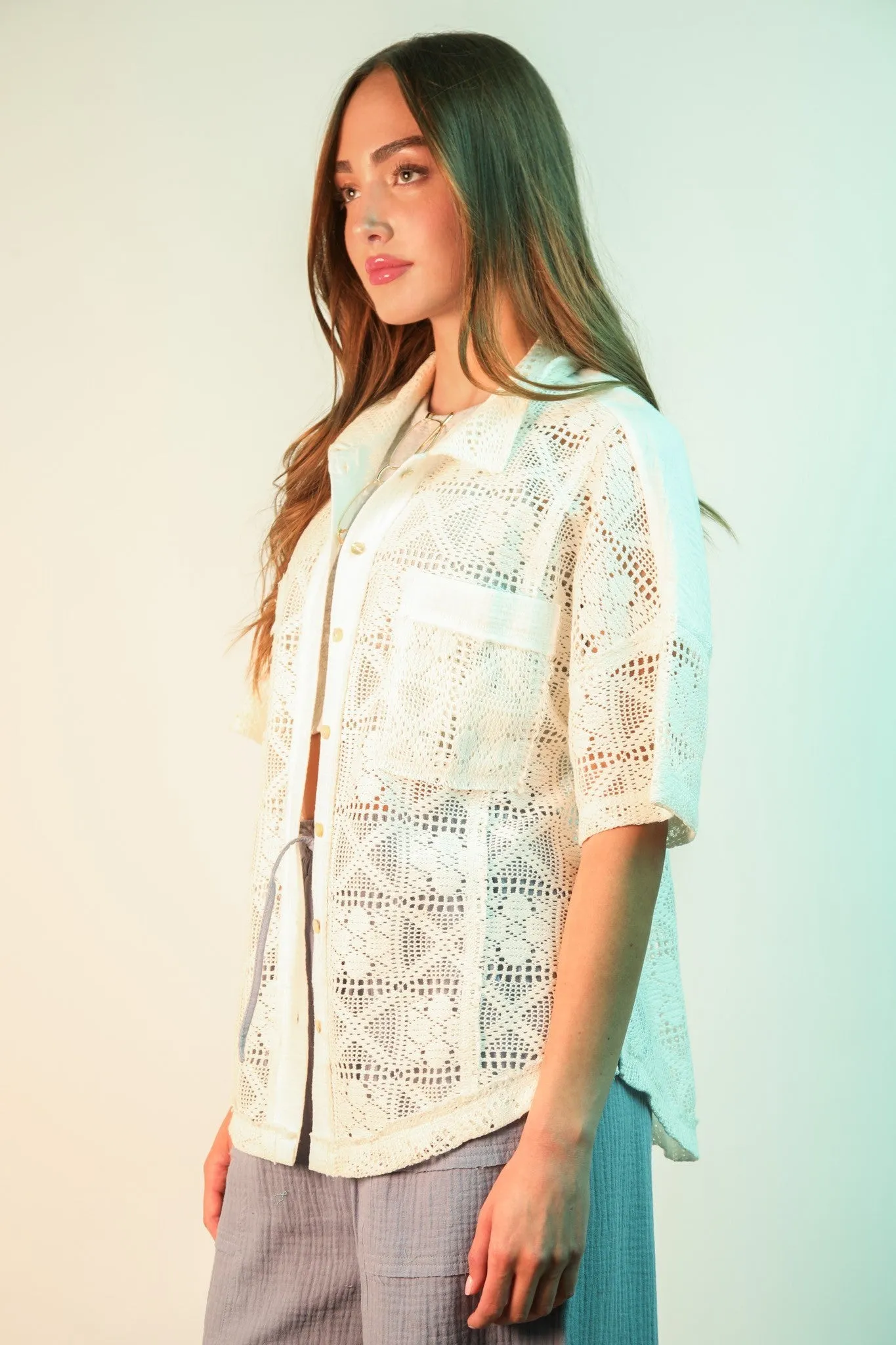 Claire Oversized Crochet Shirt Top, White sold by North & Main Clothing Company product image thumbnail 2