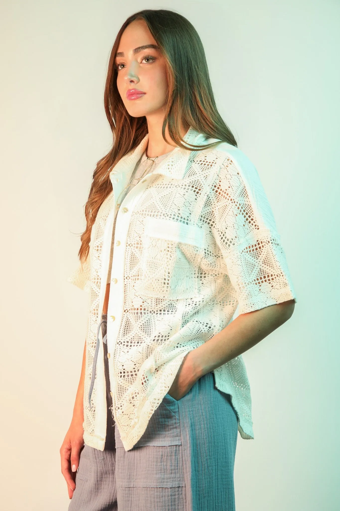 Claire Oversized Crochet Shirt Top, White sold by North & Main Clothing Company product image thumbnail 3
