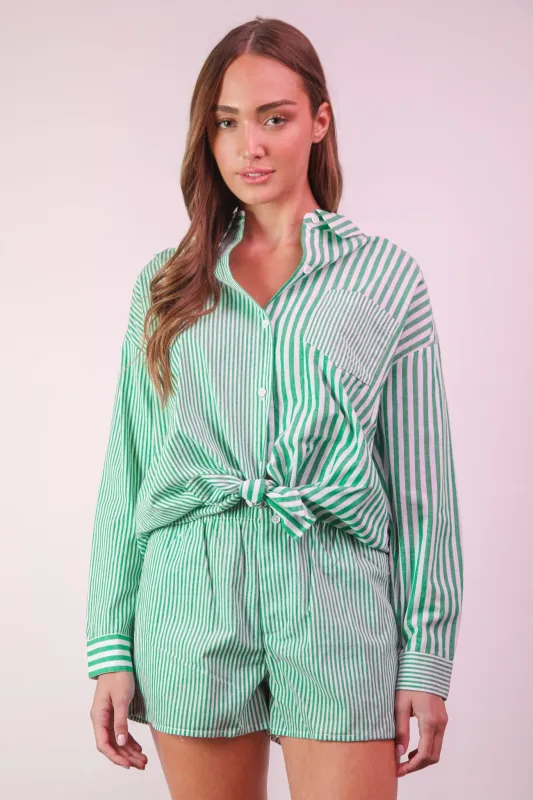 Allison Button Down Striped Shirt, Green sold by North & Main Clothing Company
