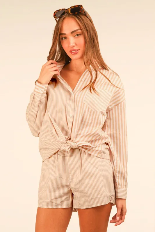 Allison Button Down Striped Shirt, Taupe sold by North & Main Clothing Company