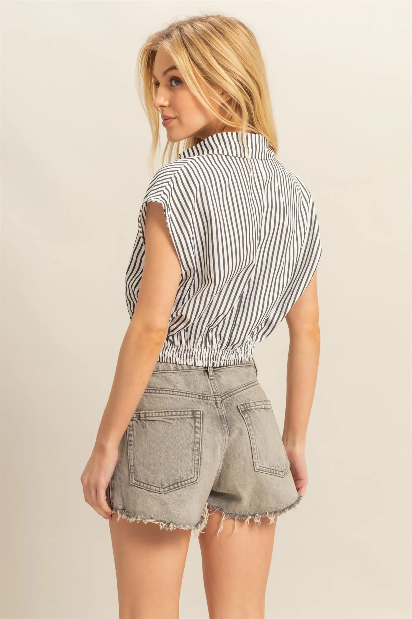 Hailey Striped Collared Crop Top, Black sold by North & Main Clothing Company product image thumbnail 5