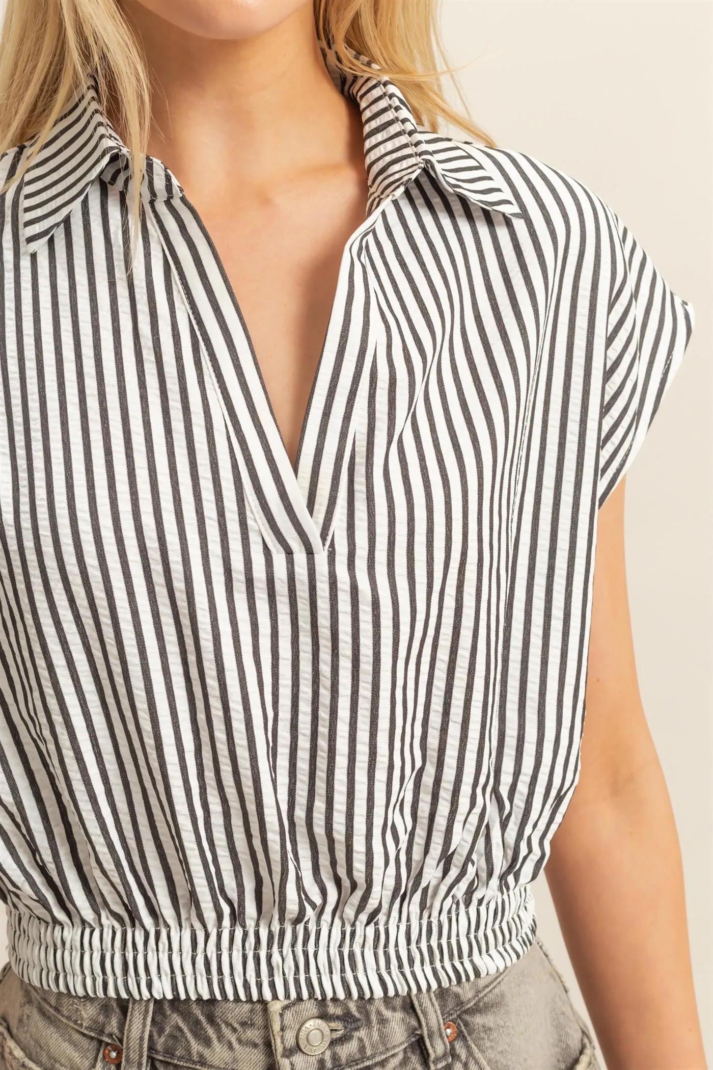 Hailey Striped Collared Crop Top, Black sold by North & Main Clothing Company product image thumbnail 3