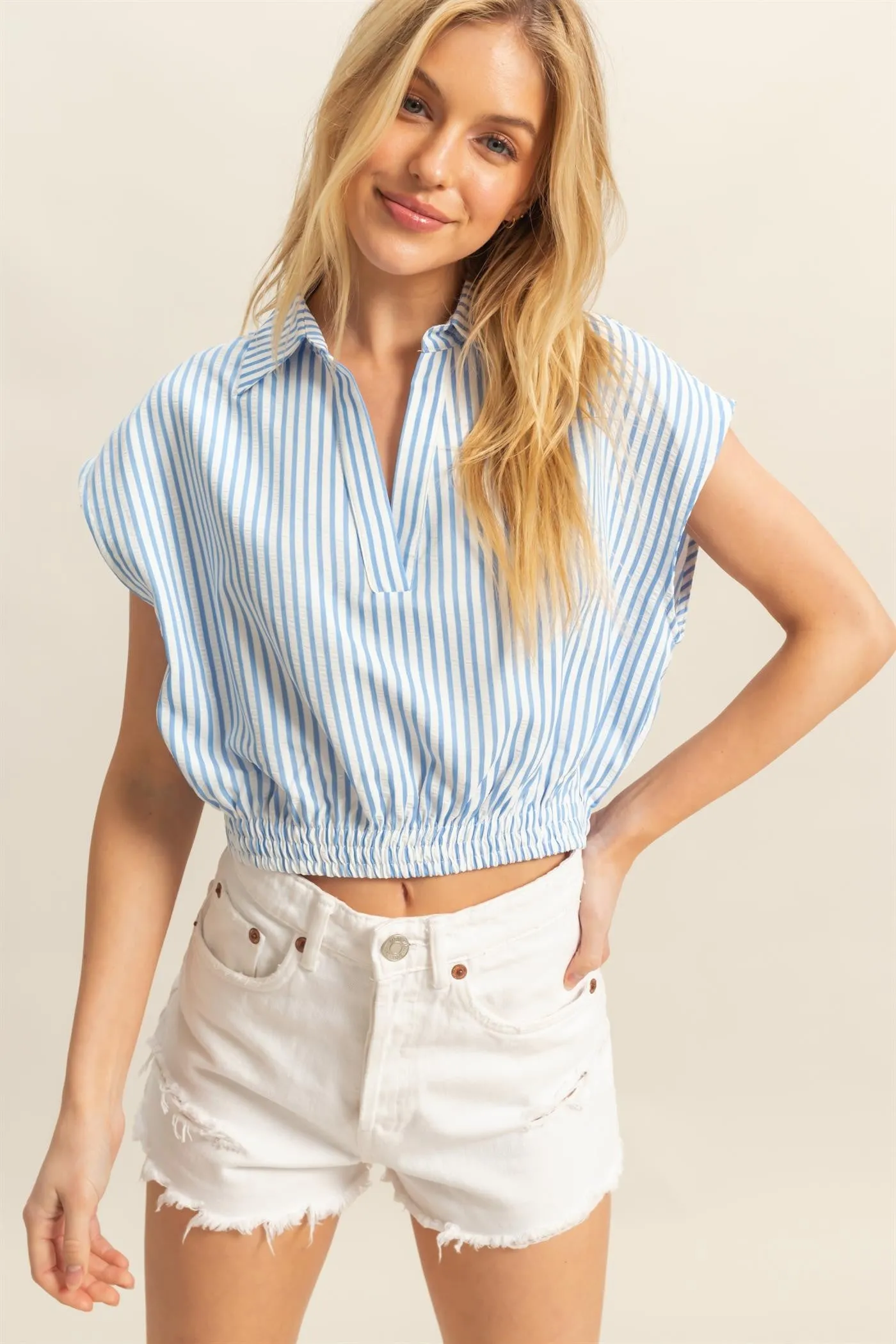 Hailey Striped Collared Crop Top, Blue sold by North & Main Clothing Company