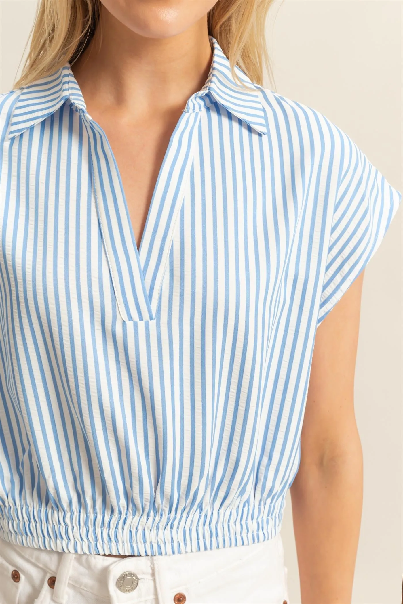 Hailey Striped Collared Crop Top, Blue sold by North & Main Clothing Company product image thumbnail 3
