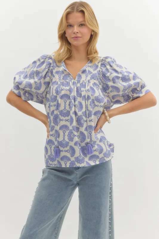 Rowan Printed Tassel Neck Top, Blue sold by North & Main Clothing Company