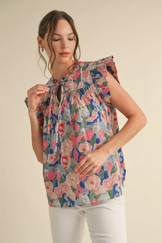 Caroline Floral Tie Neck Top, Pink/Royal sold by North & Main Clothing Company