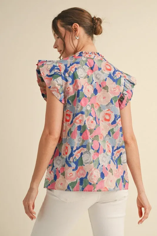 Caroline Floral Tie Neck Top, Pink/Royal sold by North & Main Clothing Company product image thumbnail 2