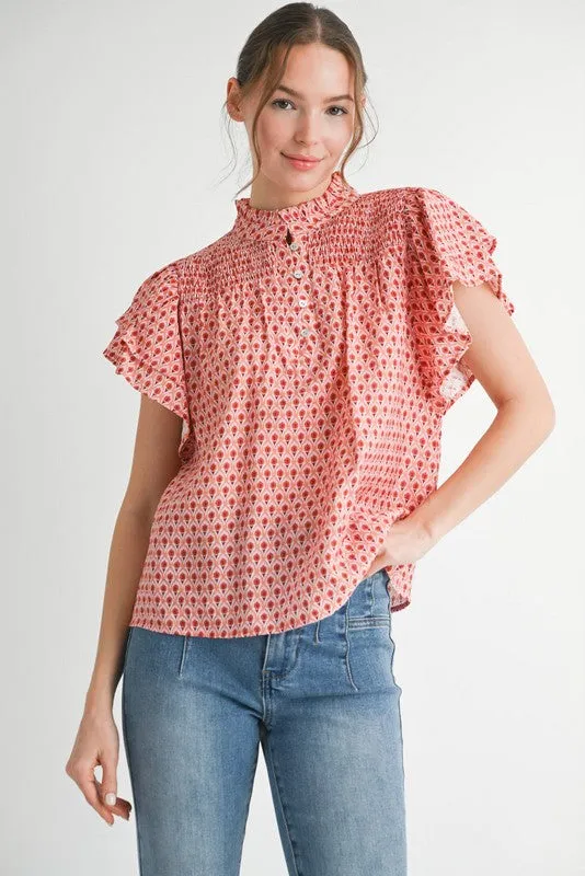 Audrey Geometric Ruffle Sleeve Top, Mauve Mix sold by North & Main Clothing Company