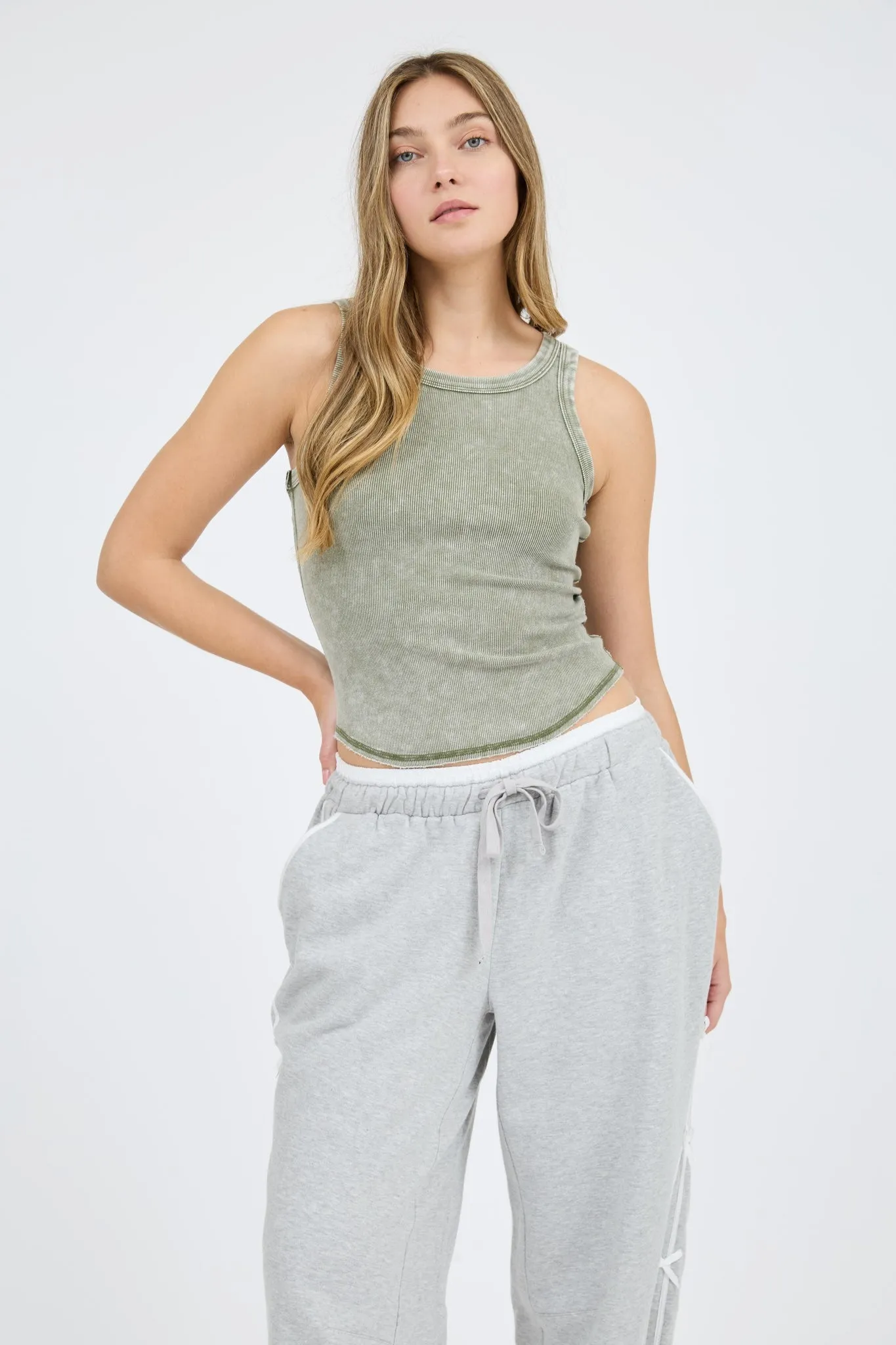 Ella Washed Sleeveless Tank Top, Olive sold by North & Main Clothing Company