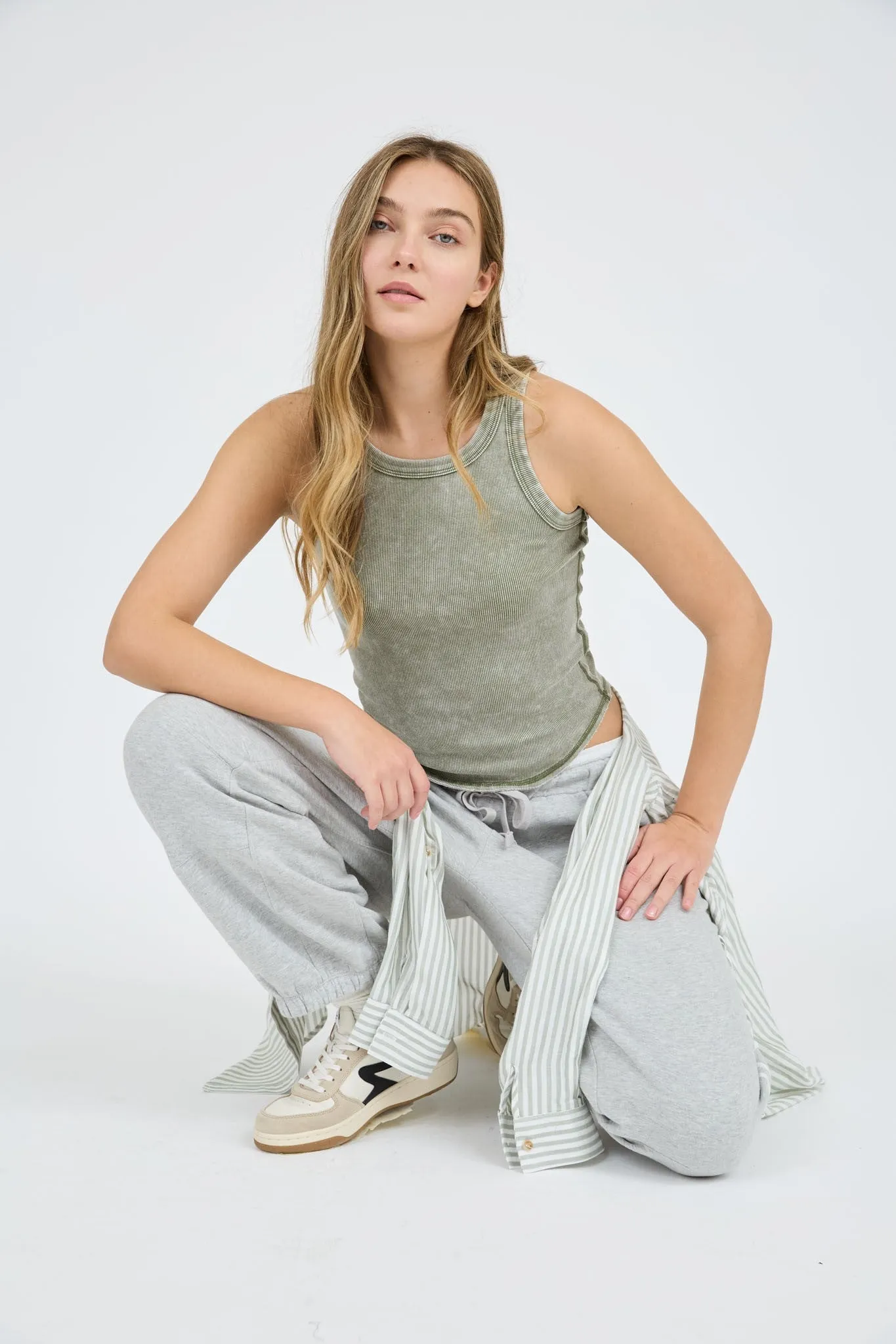 Ella Washed Sleeveless Tank Top, Olive sold by North & Main Clothing Company product image thumbnail 2