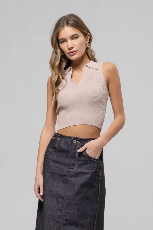 Ivey Collared Knit Crop Top, Light Taupe sold by North & Main Clothing Company