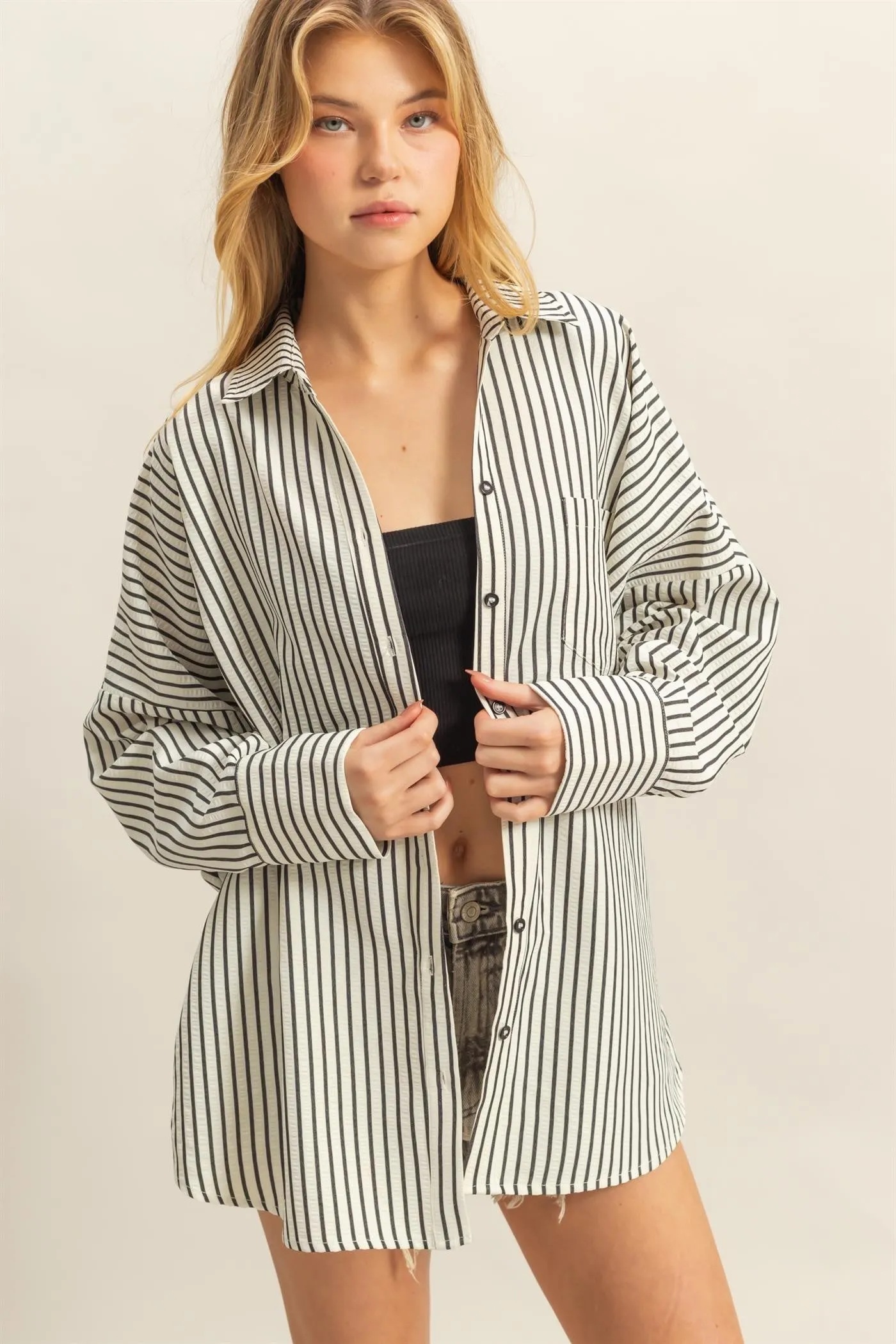 Raya Striped Button Down Shirt, Black sold by North & Main Clothing Company