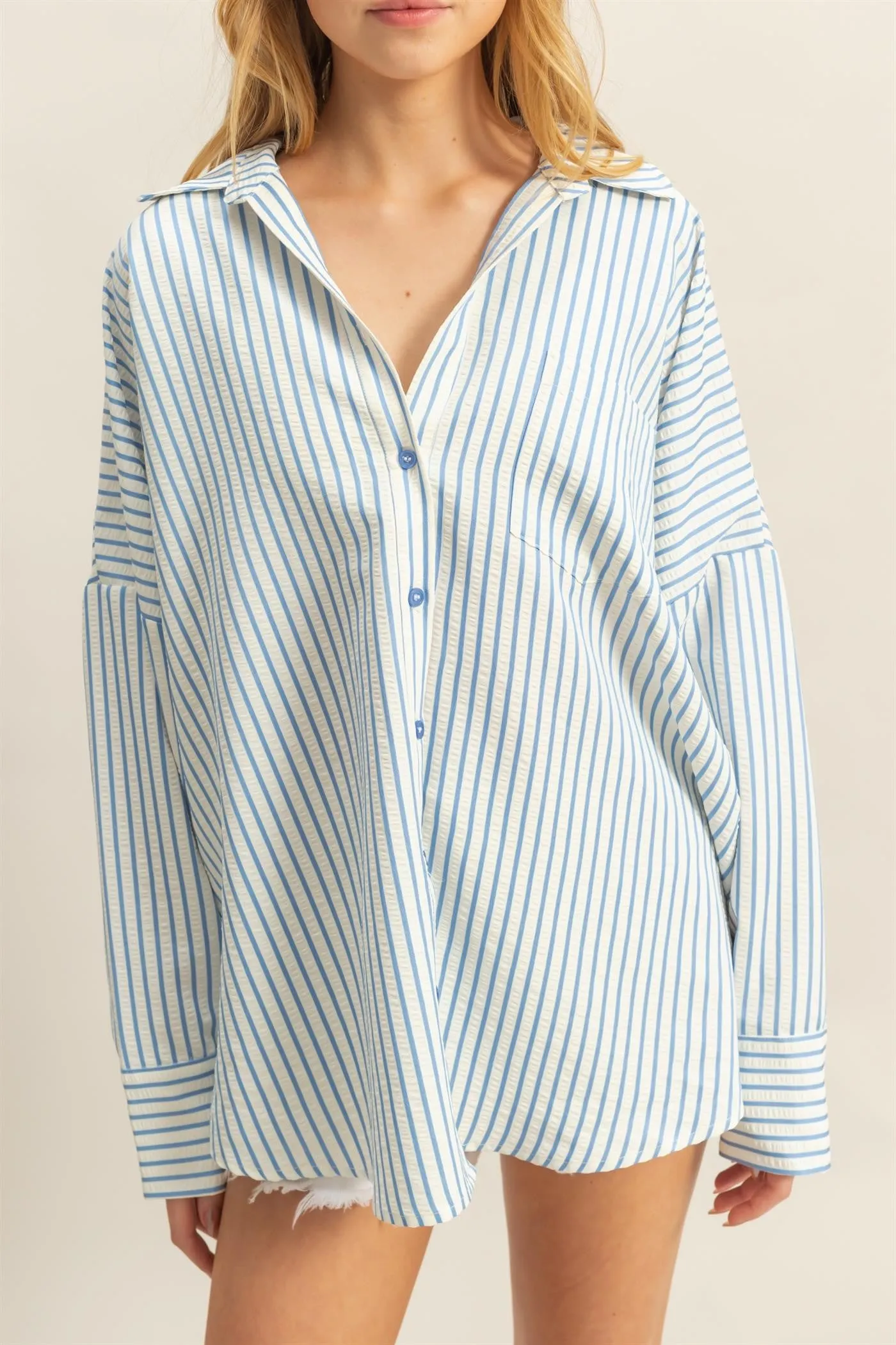 Raya Striped Button Down Shirt, Blue sold by North & Main Clothing Company product image thumbnail 2