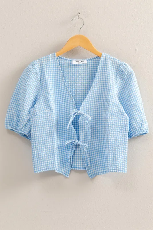 Murphy Gingham Tie Front Blouse, Blue sold by North & Main Clothing Company