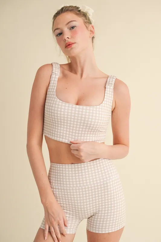 Rylee Gingham Ruched Bra Top, Beige Gingham sold by North & Main Clothing Company