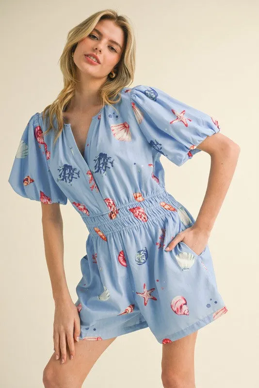 Jade Shell Print Romper, Blue sold by North & Main Clothing Company