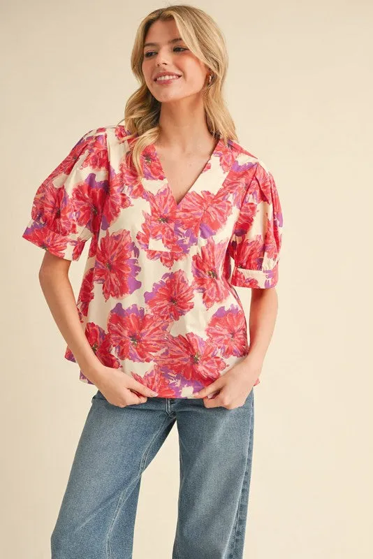 Eden Floral Puff Sleeve Top, Red Mix sold by North & Main Clothing Company